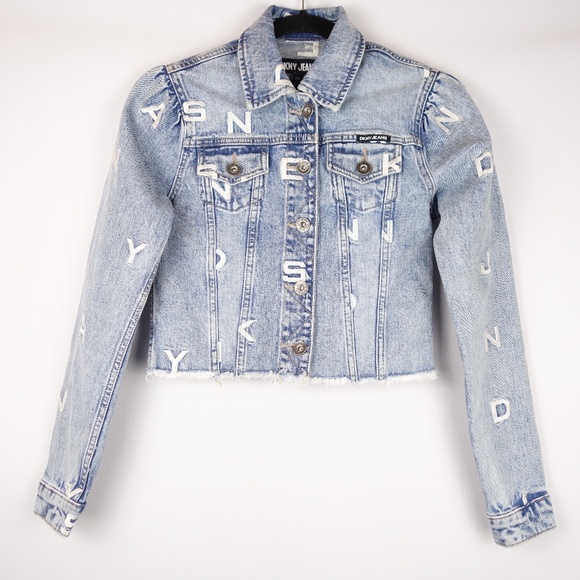 DKNY Jeans Embroidered Letters Blue Denim Jacket, Size Extra Extra Small (XXS) - Picture 1 of 7